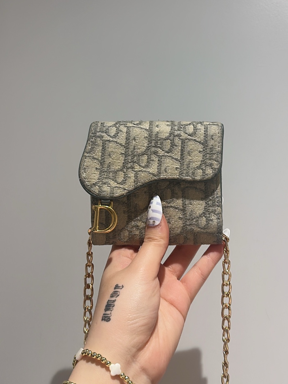 Dior Beige and Gray Mini Saddle Crossbody Wallet on Chain with Gold D